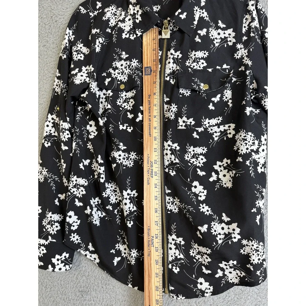 Michael Kors Jacket Womens Medium Black White Floral Full Zip Gold Accents Shirt